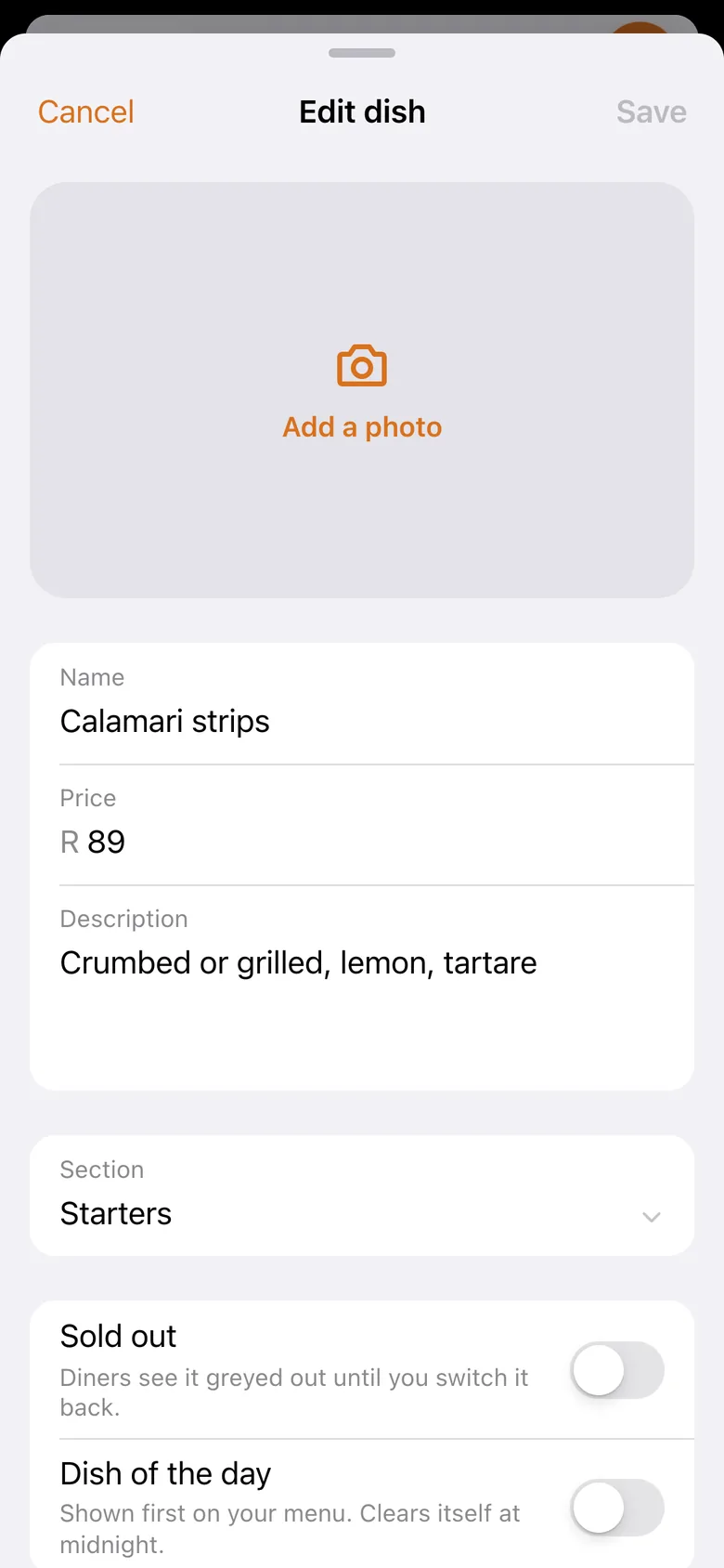 The Edit dish sheet: photo, name, price, description, section, and switches for Sold out and Dish of the day, with Cancel and Save.