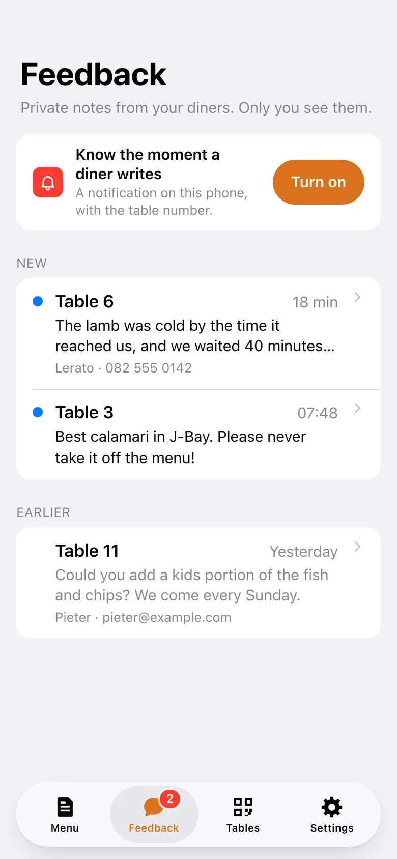 The Feedback tab of the staevi app: new notes from tables 6 and 3, an earlier one from table 11, and a card to switch on notifications.