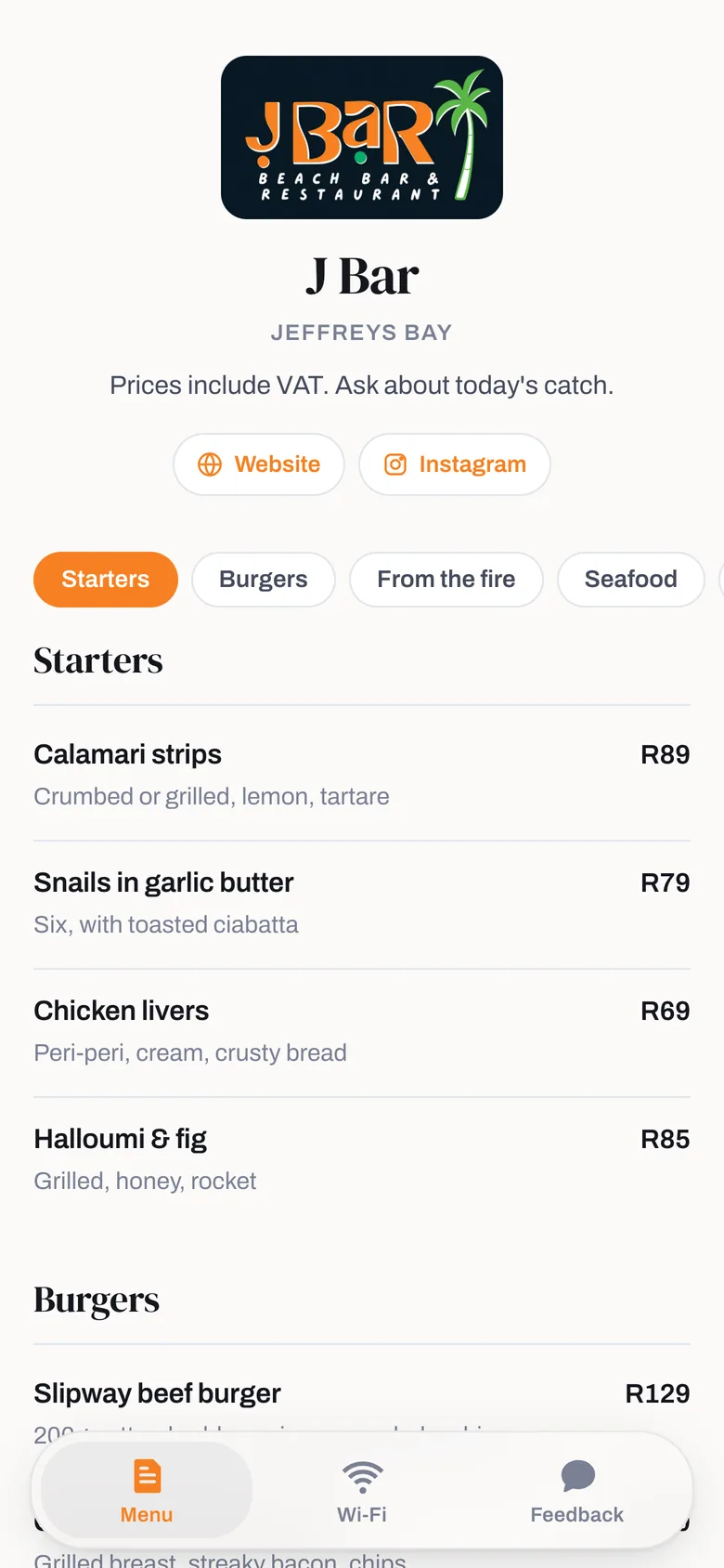 J Bar’s menu on a phone: the J Bar logo, Website and Instagram buttons, section tabs, and starters with prices.