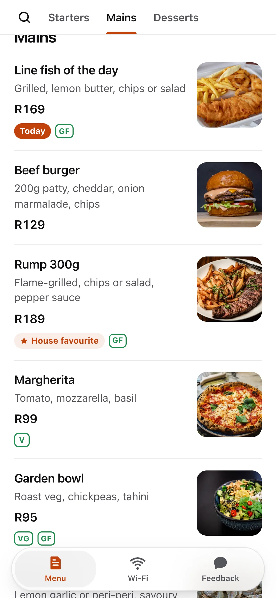 A menu on a phone: mains with photos, prices, dietary tags and today's dish.